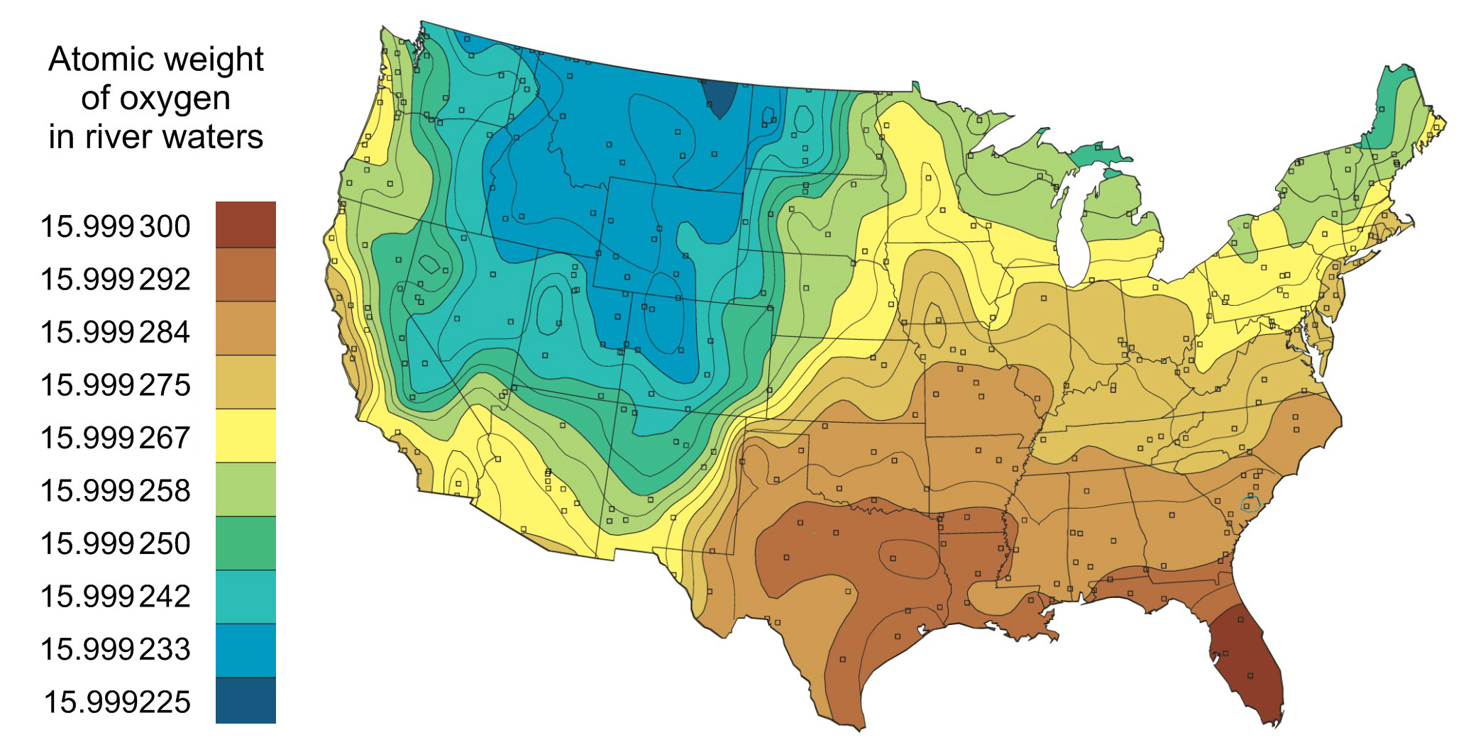 Variation in atomic weight of oxygen in river waters across the continental United States. Blue color indicates waters most depleted in <sup>18</sup>O (resulting in lower atomic weight of oxygen) and brown color indicates those most enriched in <sup>18</sup>O (resulting in higher atomic weight of oxygen).